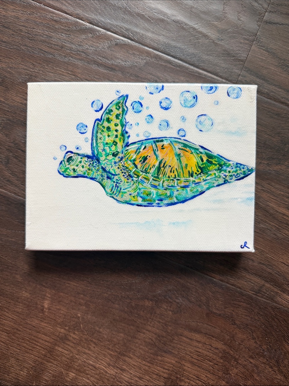 Hand-Painted Sea Turtle Canvas Art with silver lining